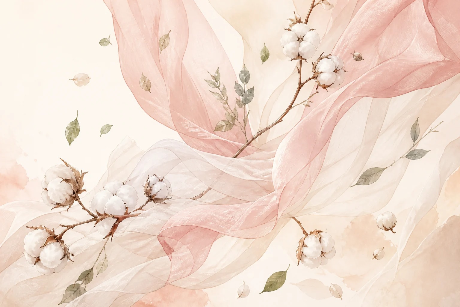 Illustration of blush cotton fabric catching a breeze with cotton blossoms