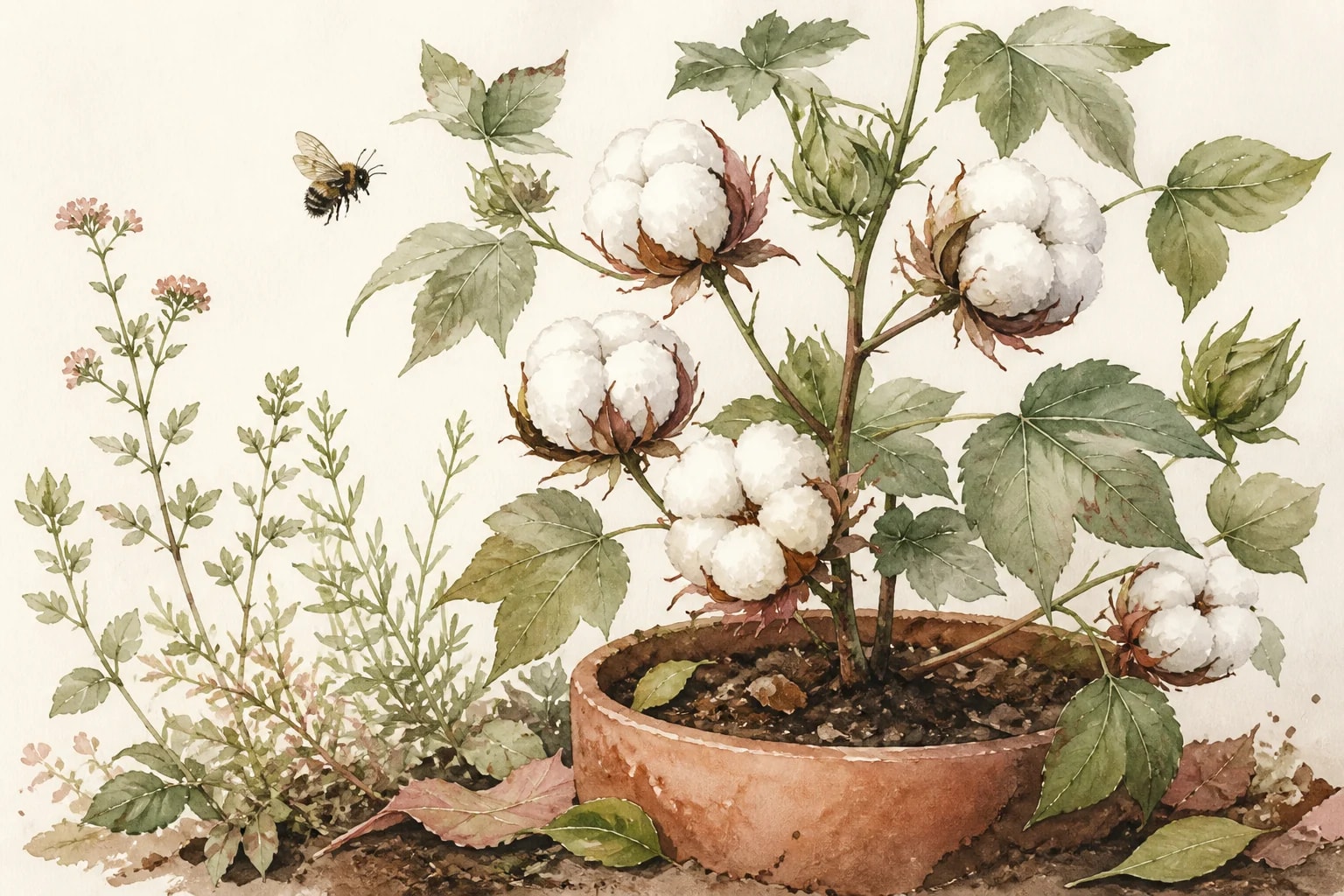 Illustration of a cotton plant with open bolls, leaves, and a small bee
