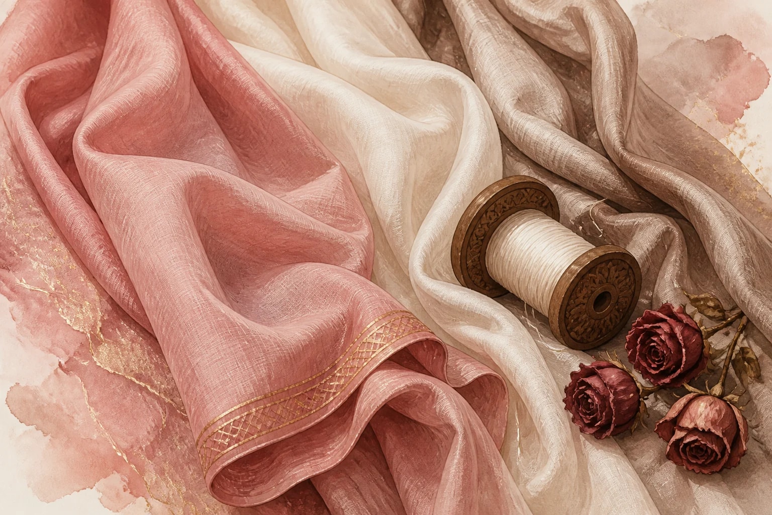 Illustration of draped premium cotton with a wooden spool of cream thread