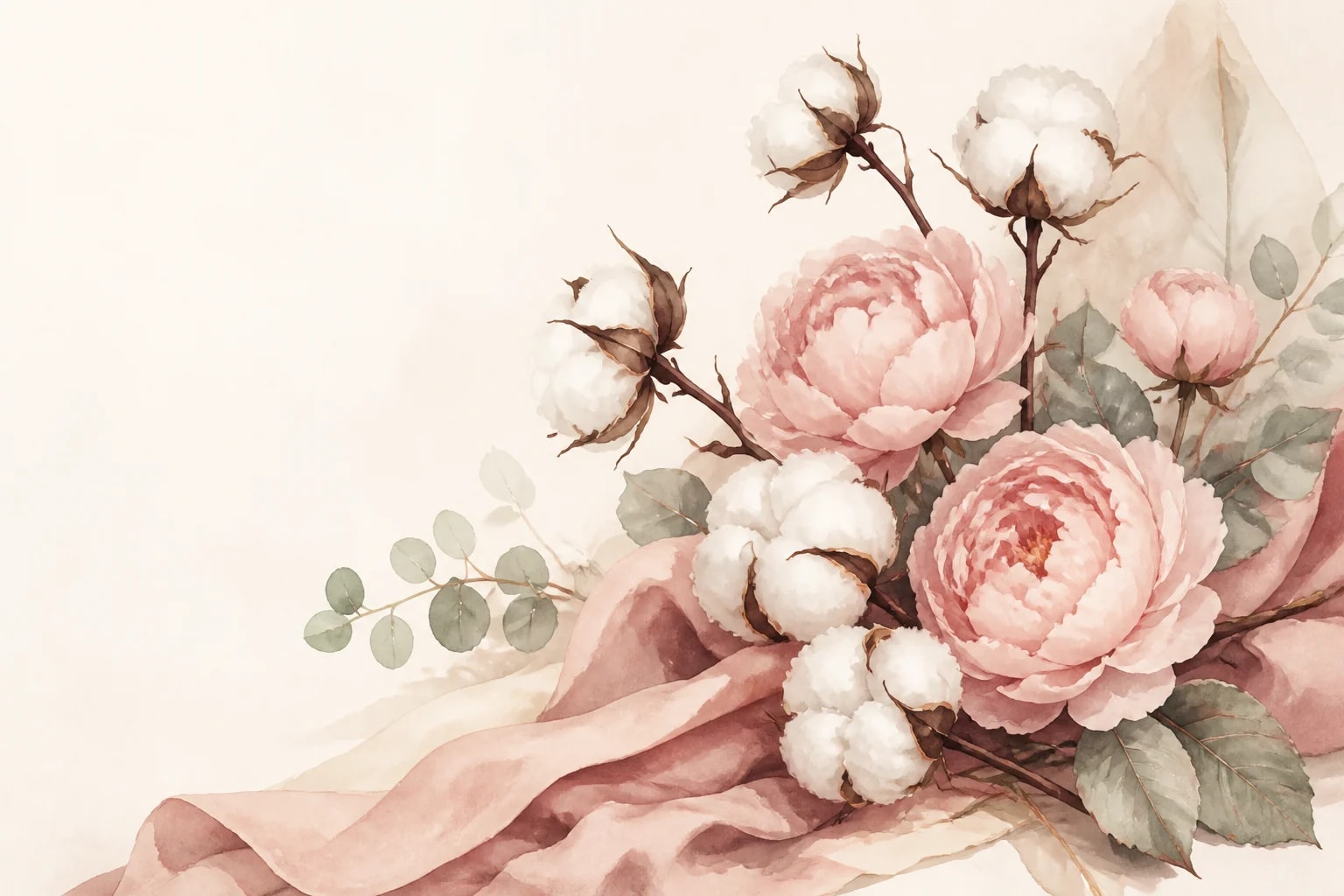 Illustration of cotton blossoms, blush blooms, and draped cotton fabric