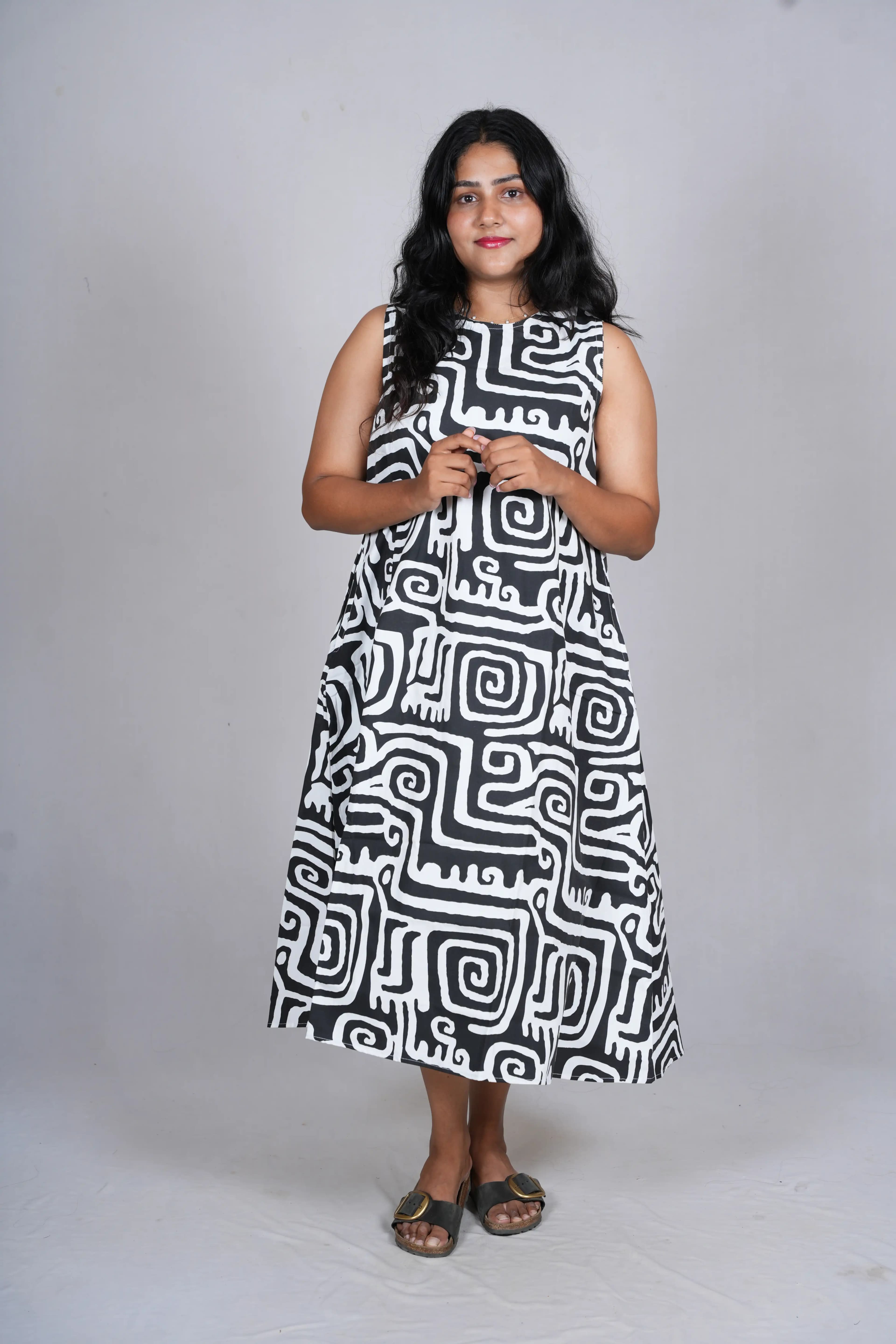 Monochromatic Maze Trapeze Midi Dress