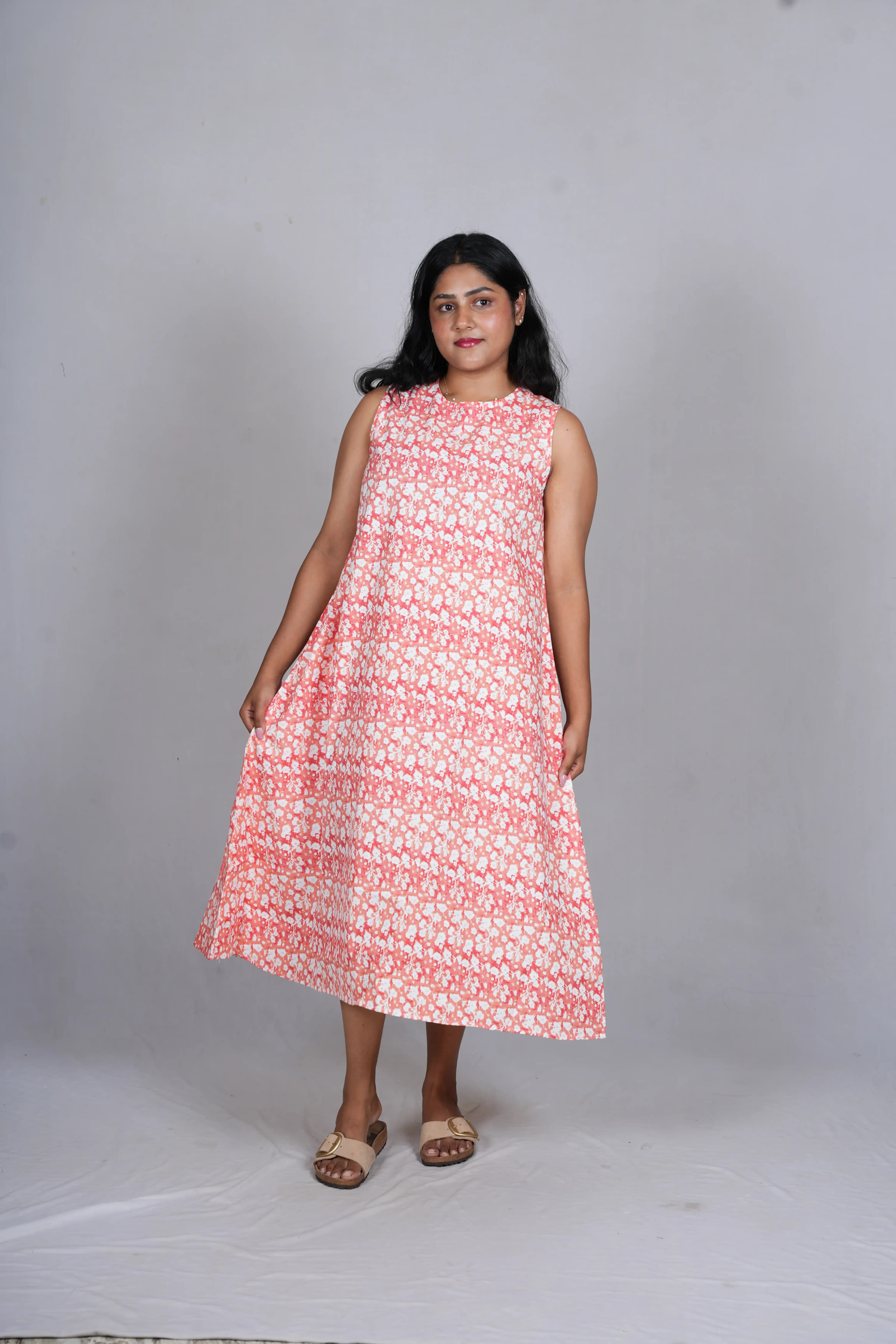 Coral Ditsy Floral A-Line Midi Dress