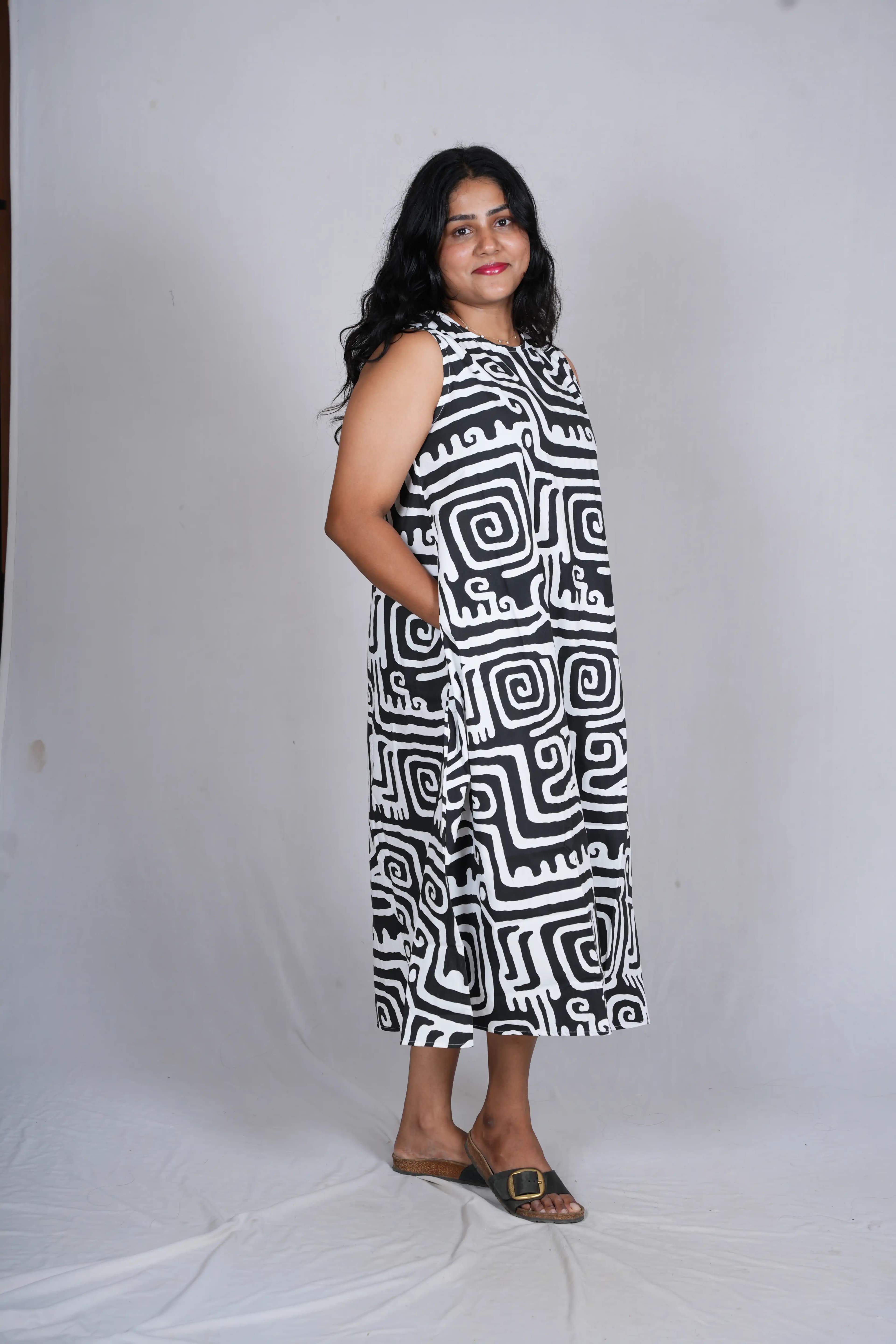 Monochromatic Maze Trapeze Midi Dress