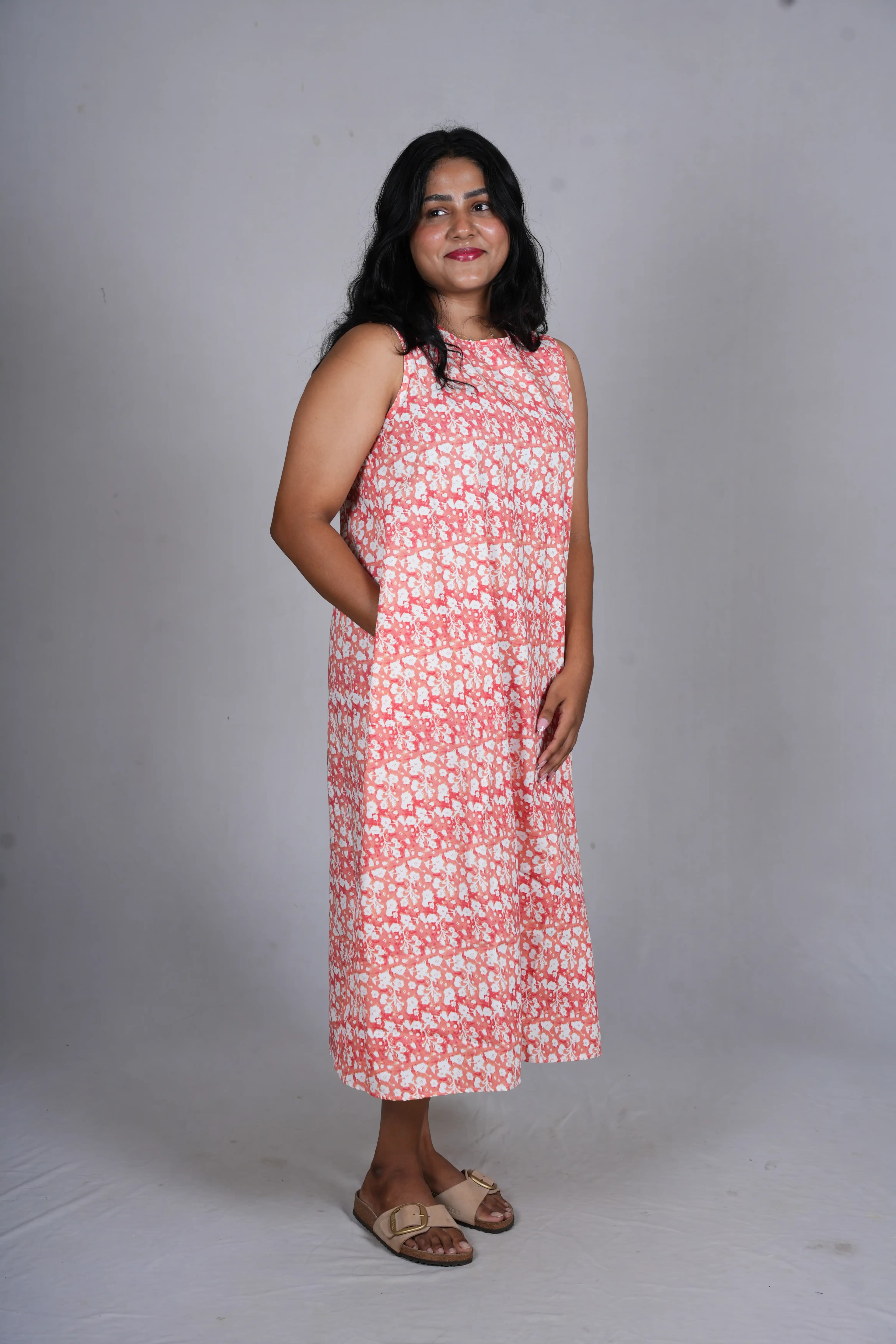 Coral Ditsy Floral A-Line Midi Dress