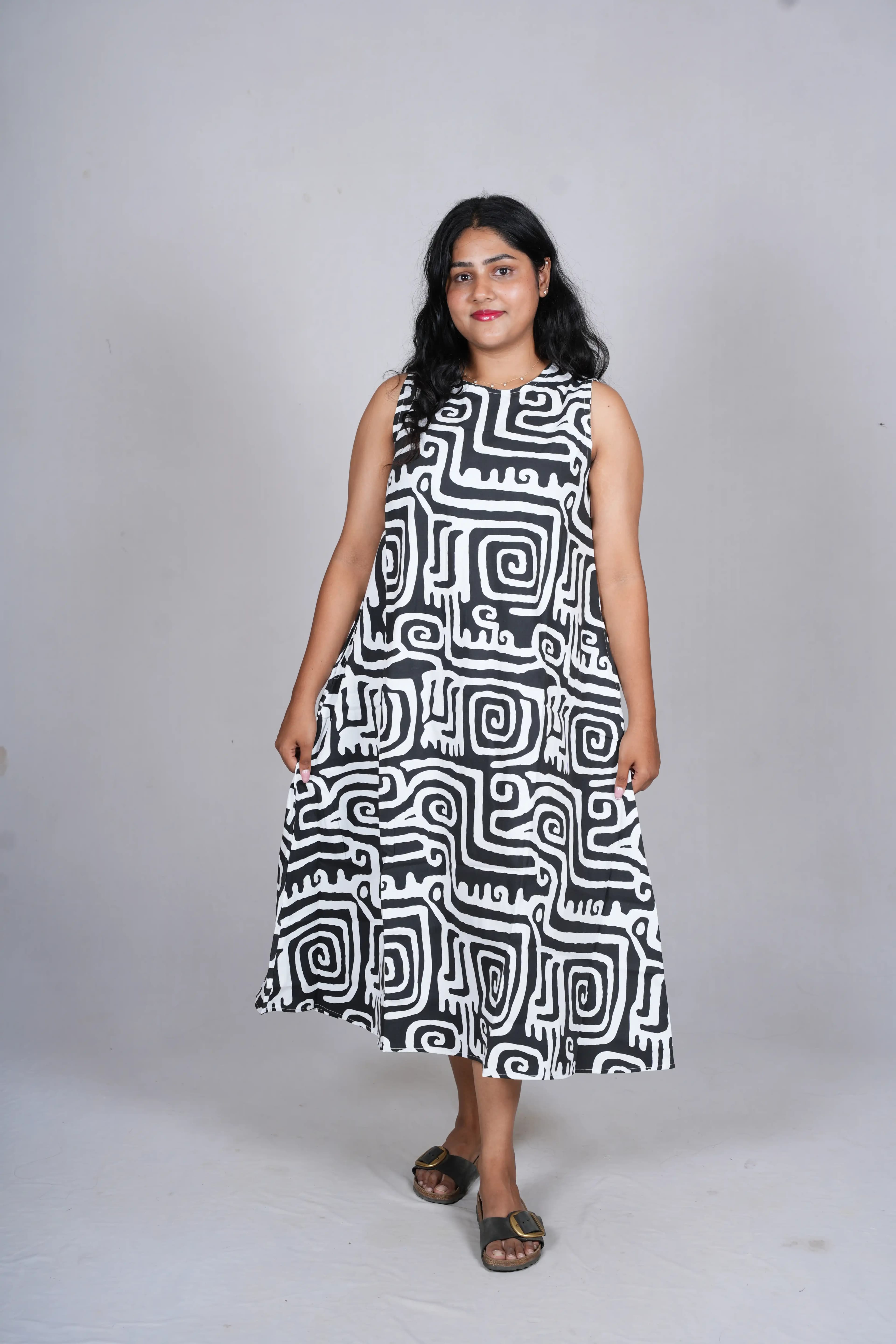 Monochromatic Maze Trapeze Midi Dress