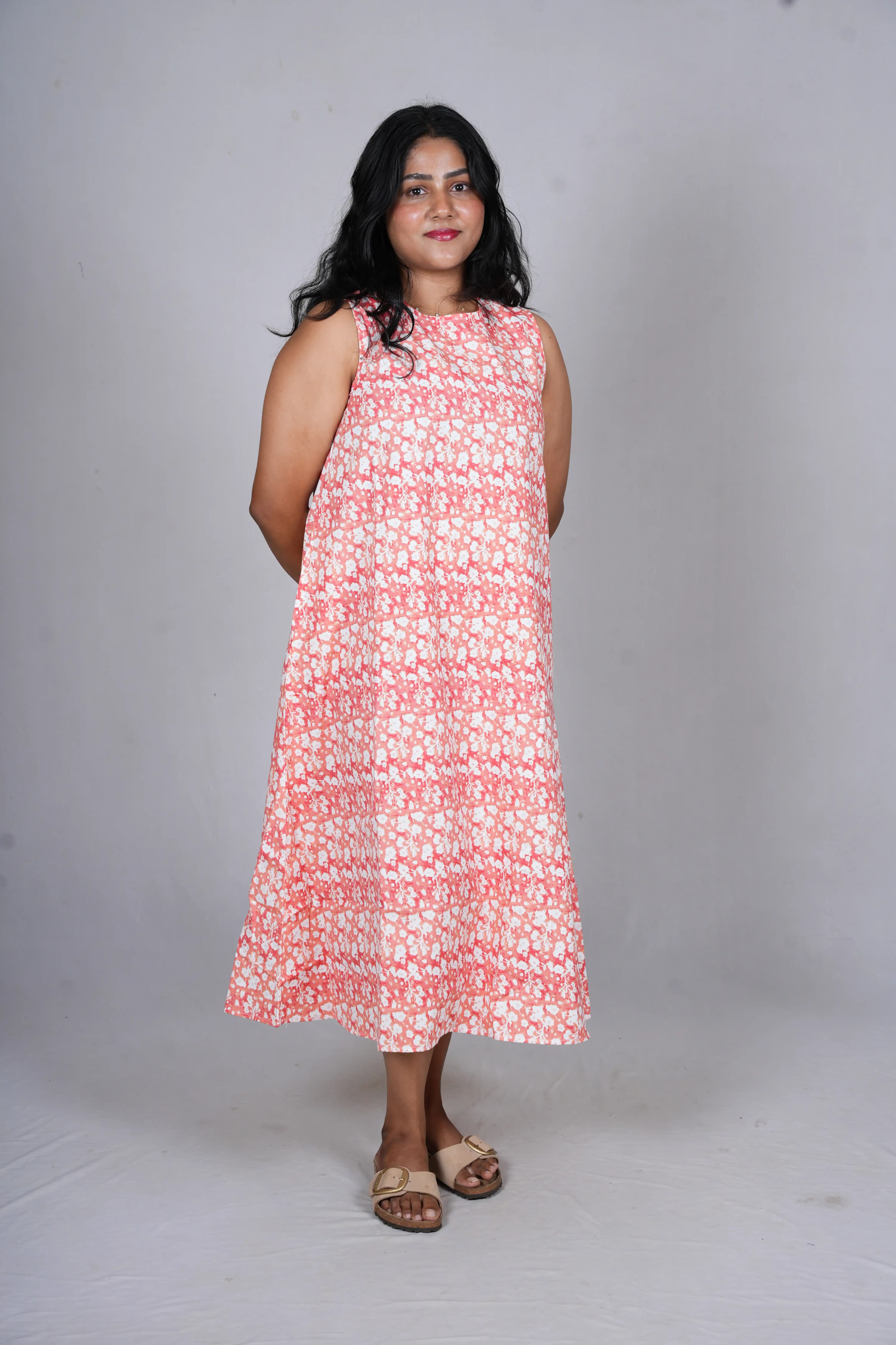Coral Ditsy Floral A-Line Midi Dress