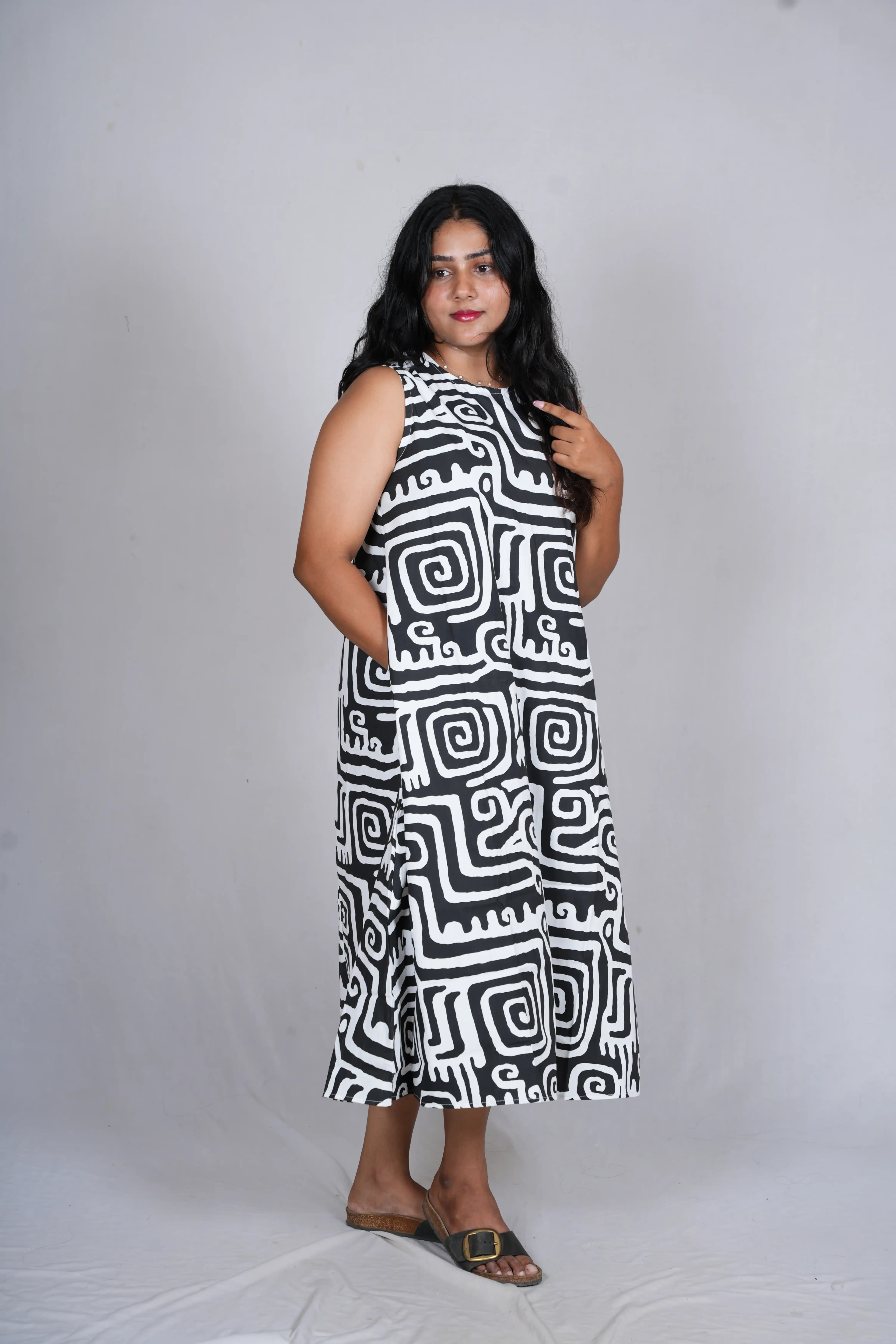 Monochromatic Maze Trapeze Midi Dress