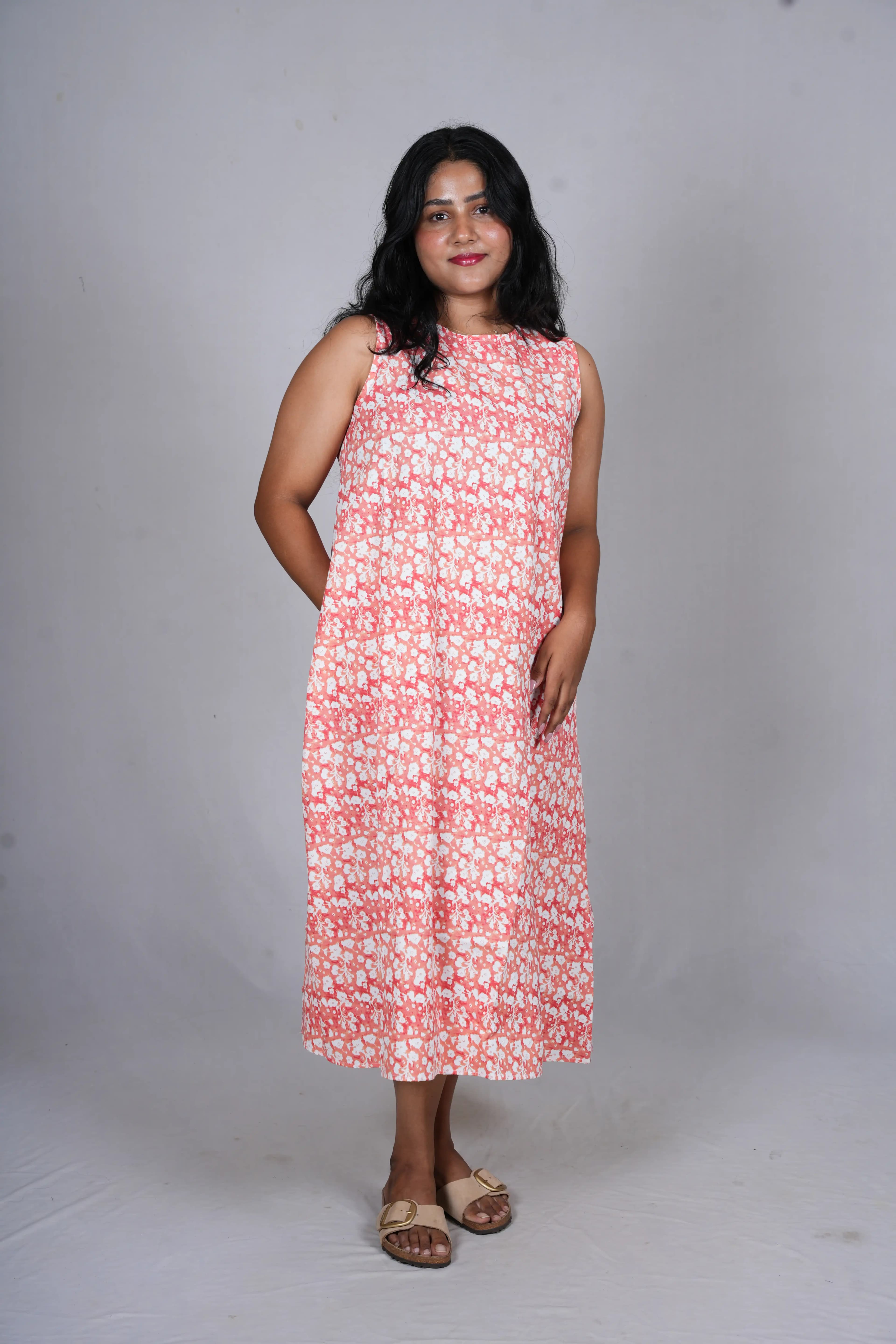 Coral Ditsy Floral A-Line Midi Dress