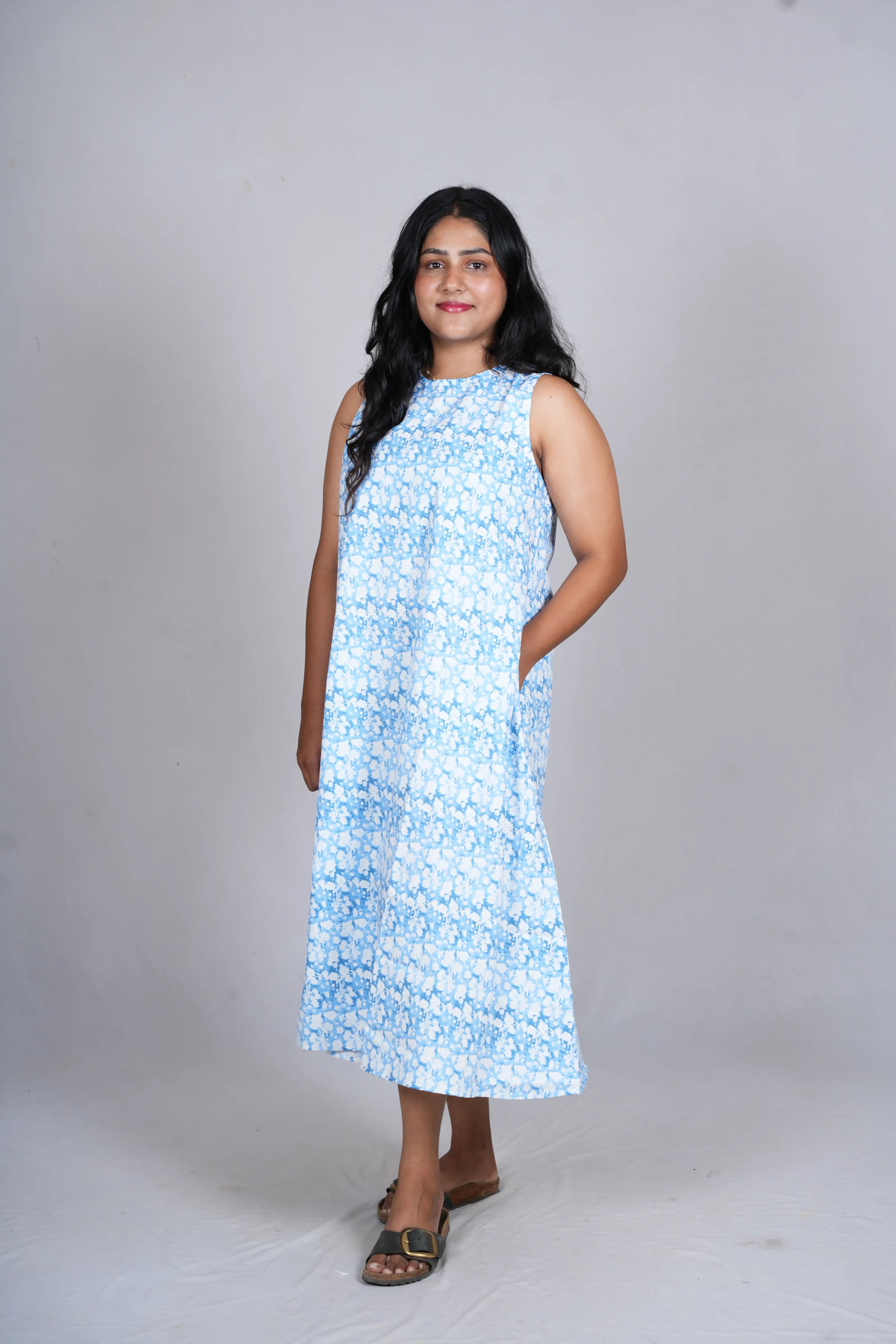 Azure Ditsy Floral Trapeze Midi Dress